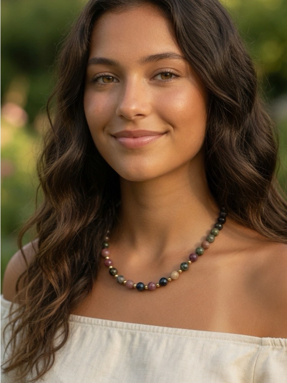 Tourmaline Gemstone Multicolor Beaded Necklace 14K Gold New in Box Stunning